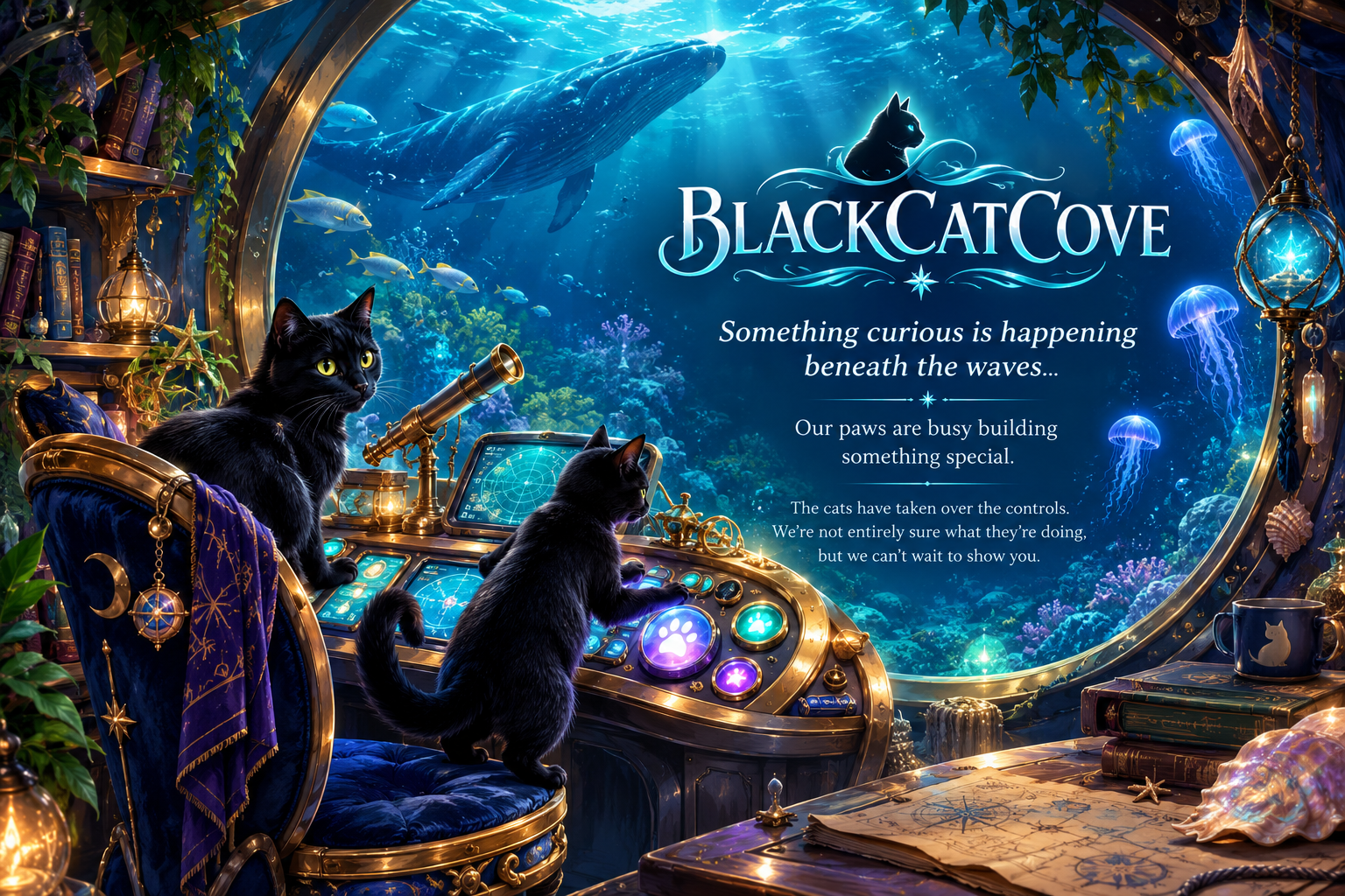 Two sleek black cats play with a glowing brass underwater observatory console, while a whale swims past the giant ocean window. BlackCatCove: Something curious is happening beneath the waves.